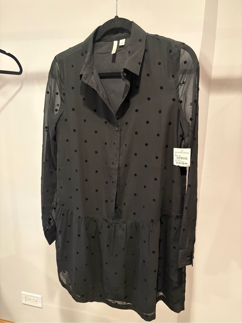 Frenchi Black Sheer Polka Dot Button-Front Tunic